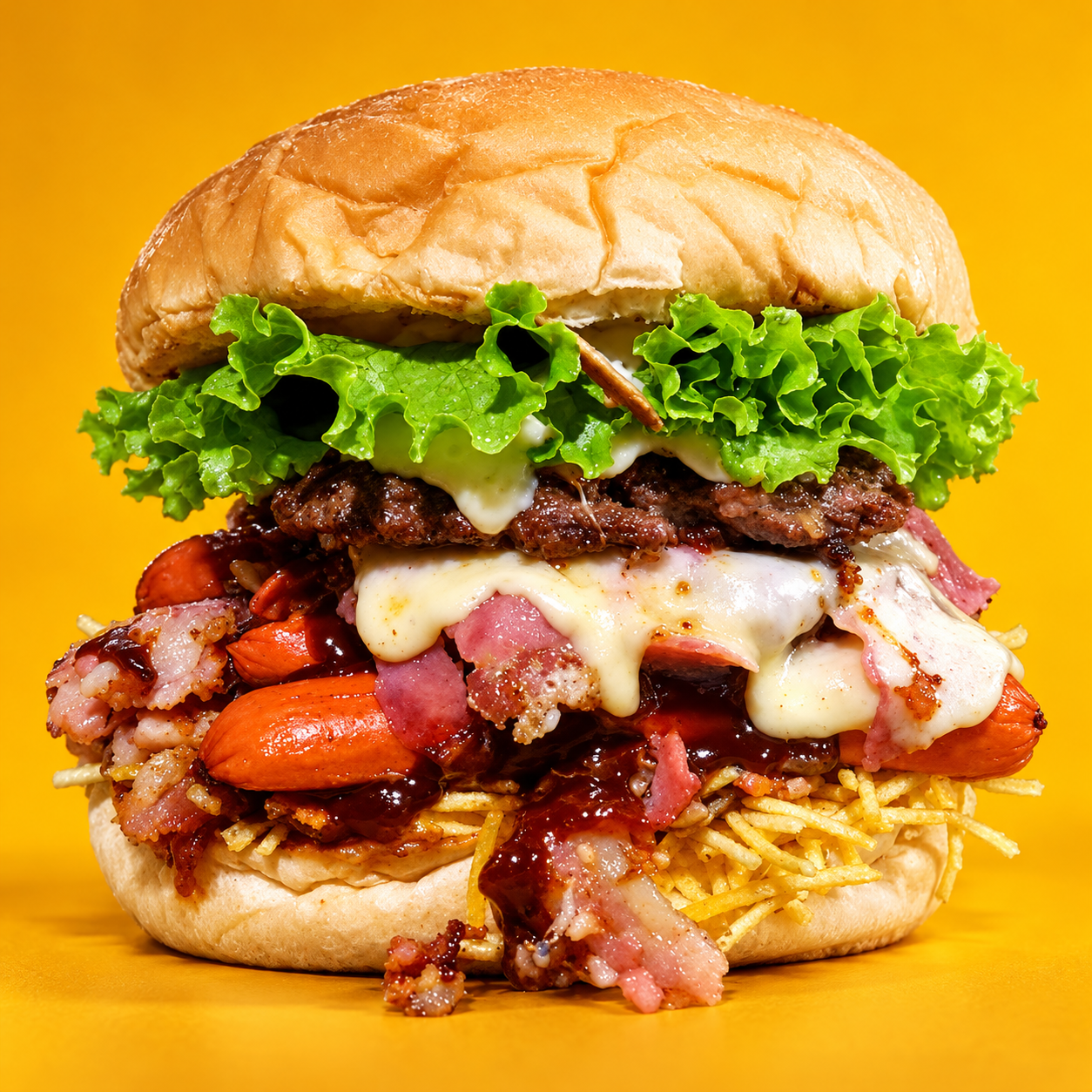 Big Monstro do Kero, com hambúrgueres, queijo, bacon e salada